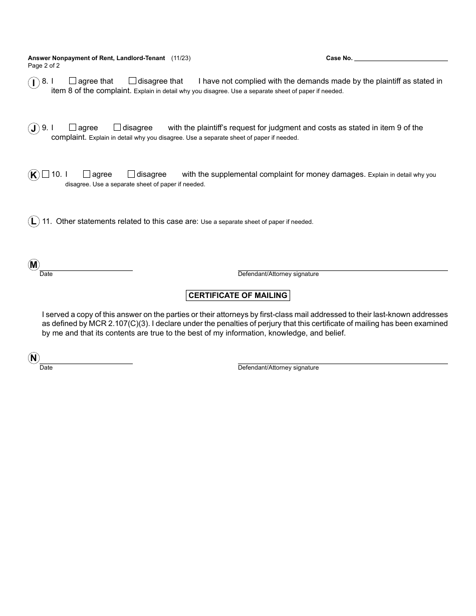 Form DC111A Answer - Nonpayment of Rent - Landlord-Tenant - Michigan, Page 2