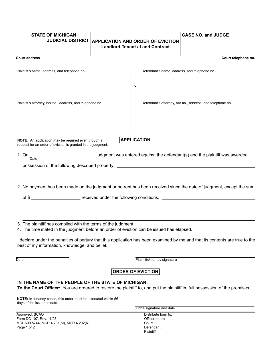 Form DC107 Application and Order of Eviction - Landlord-Tenant / Land Contract - Michigan, Page 1