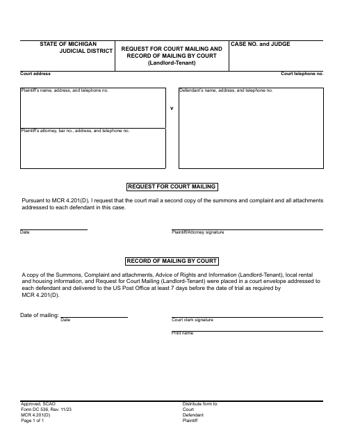 Form DC536 Request for Court Mailing and Record of Mailing by Court (Landlord-Tenant) - Michigan