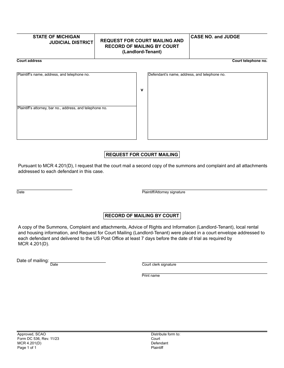 Form DC536 Request for Court Mailing and Record of Mailing by Court (Landlord-Tenant) - Michigan, Page 1