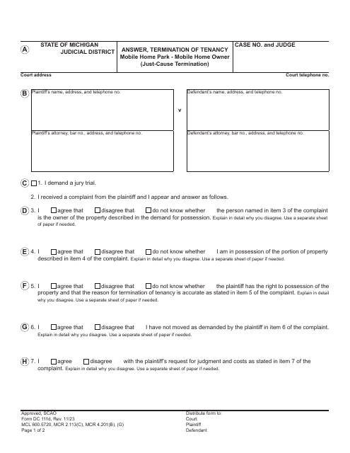 Form DC111D Answer, Termination of Tenancy - Mobile Home Park - Mobile Home Owner (Just-Cause Termination) - Michigan