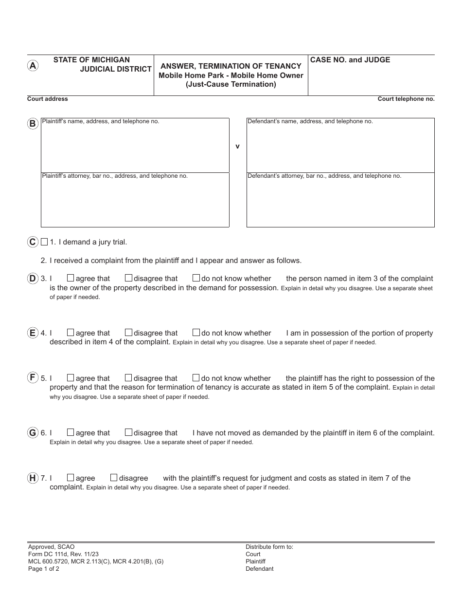 Form DC111D Answer, Termination of Tenancy - Mobile Home Park - Mobile Home Owner (Just-Cause Termination) - Michigan, Page 1