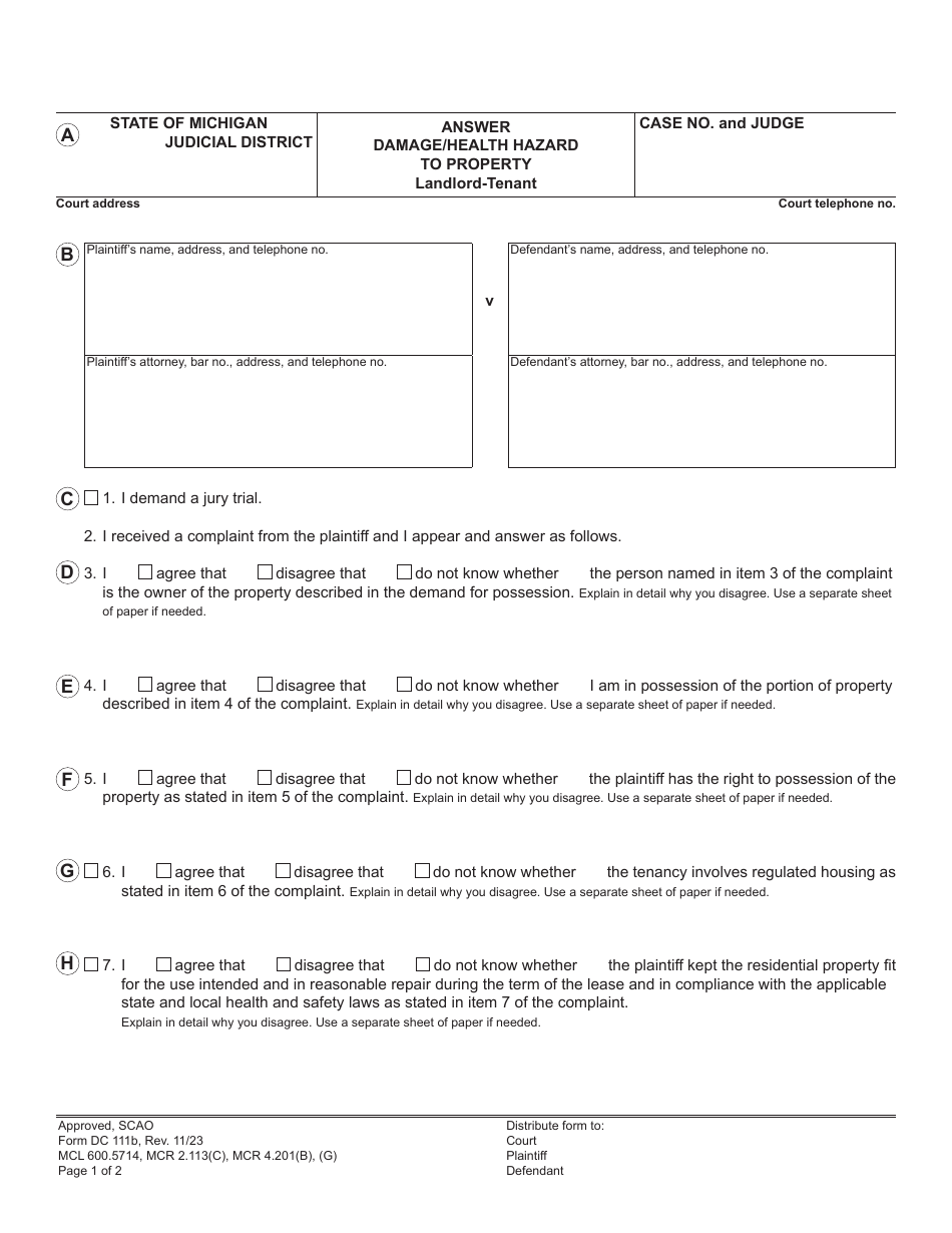 Form DC111B Answer - Damage / Health Hazard to Property - Landlord-Tenant - Michigan, Page 1