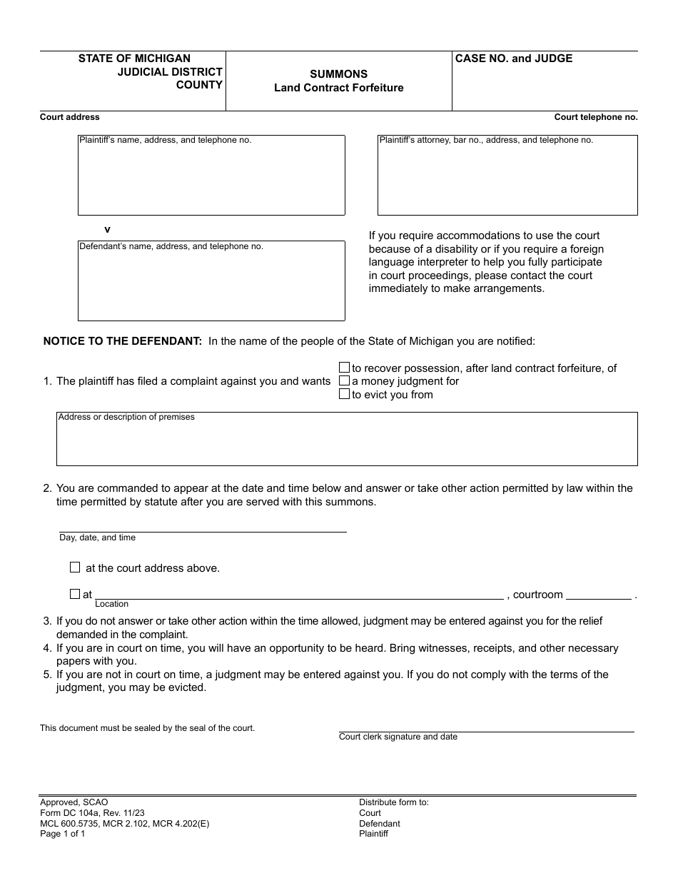 Form DC104A Summons - Land Contract Forfeiture - Michigan, Page 1
