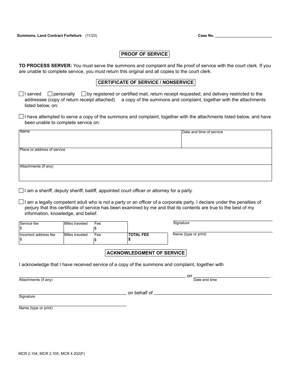 Form DC104A Summons - Land Contract Forfeiture - Michigan, Page 2