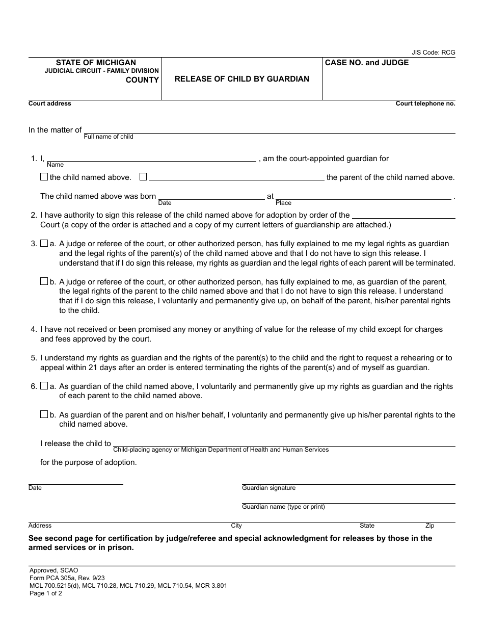 Form PCA305A Release of Child by Guardian - Michigan, Page 1