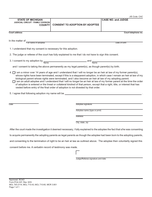 Form PCA307 Consent to Adoption by Adoptee - Michigan