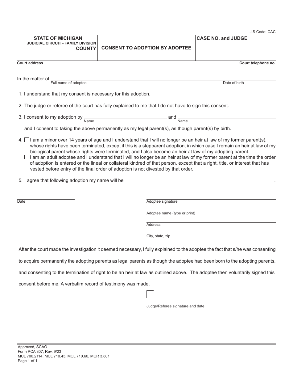 Form PCA307 Consent to Adoption by Adoptee - Michigan, Page 1