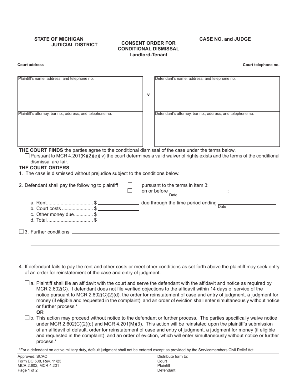 Form DC508 Consent Order for Conditional Dismissal - Landlord-Tenant - Michigan, Page 1