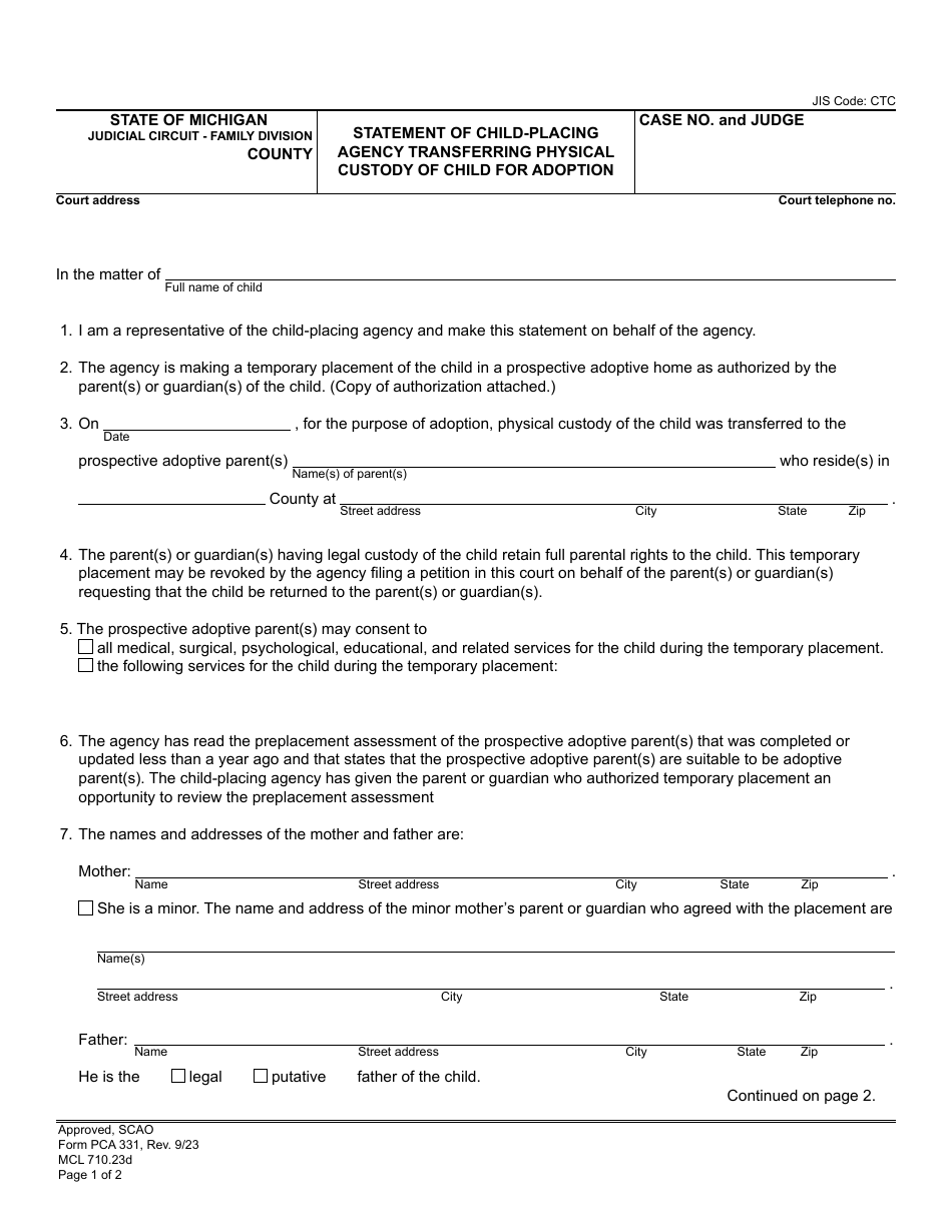 Form PCA331 Statement of Child-Placing Agency Transferring Physical Custody of Child for Adoption - Michigan, Page 1