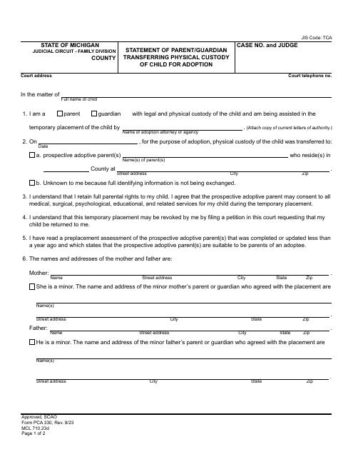 Form PCA330 Statement of Parent/Guardian Transferring Physical Custody of Child for Adoption - Michigan