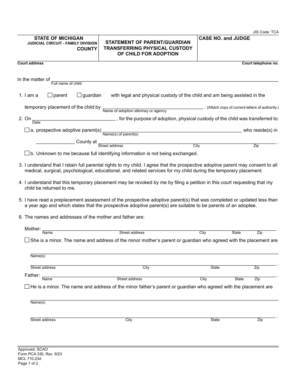 Form PCA330 Statement of Parent / Guardian Transferring Physical Custody of Child for Adoption - Michigan, Page 1