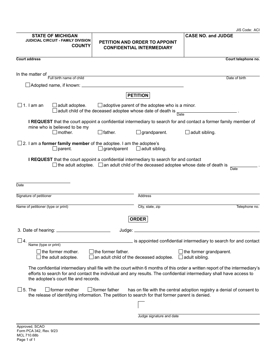 Form PCA342 Petition and Order to Appoint Confidential Intermediary - Michigan, Page 1