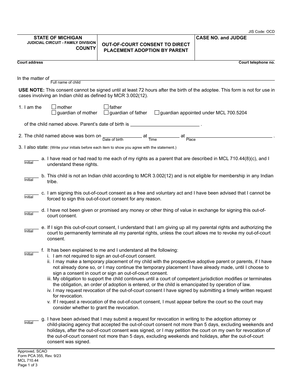 Form PCA355 Out-Of-Court Consent to Direct Placement Adoption by Parent - Michigan, Page 1