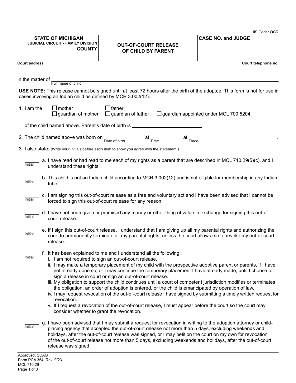 Form PCA354 Out-Of-Court Release of Child by Parent - Michigan, Page 1