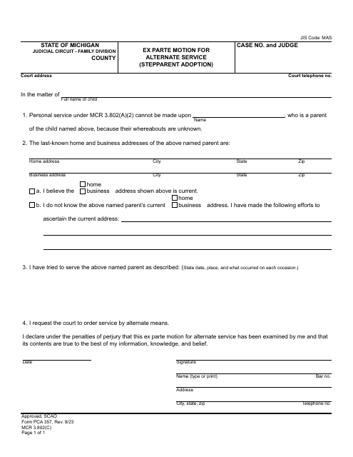 Form PCA357 Ex Parte Motion for Alternate Service (Stepparent Adoption) - Michigan