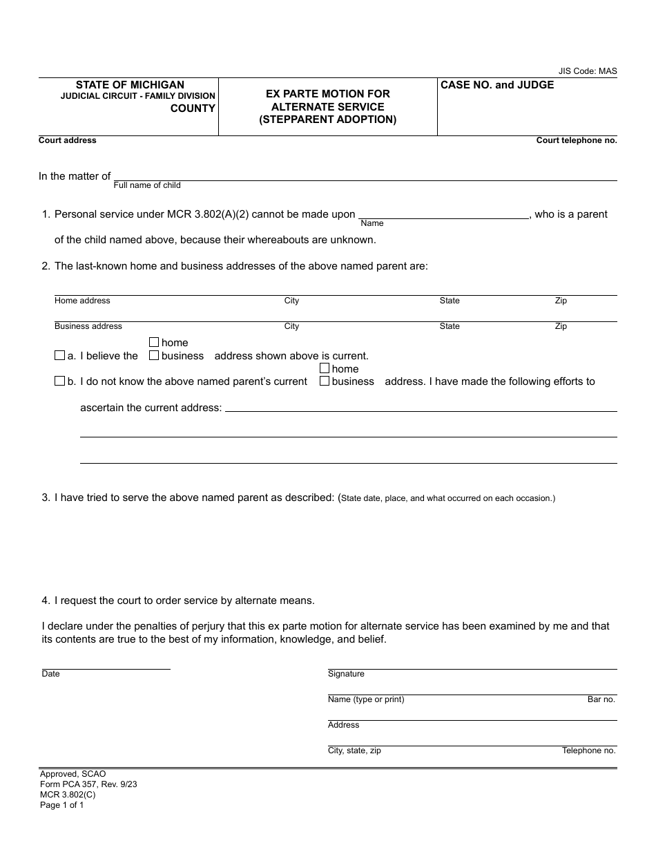 Form PCA357 Ex Parte Motion for Alternate Service (Stepparent Adoption) - Michigan, Page 1