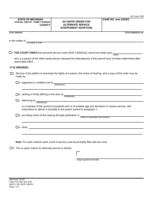 Form PCA358 Ex Parte Order for Alternate Service (Stepparent Adoption) - Michigan