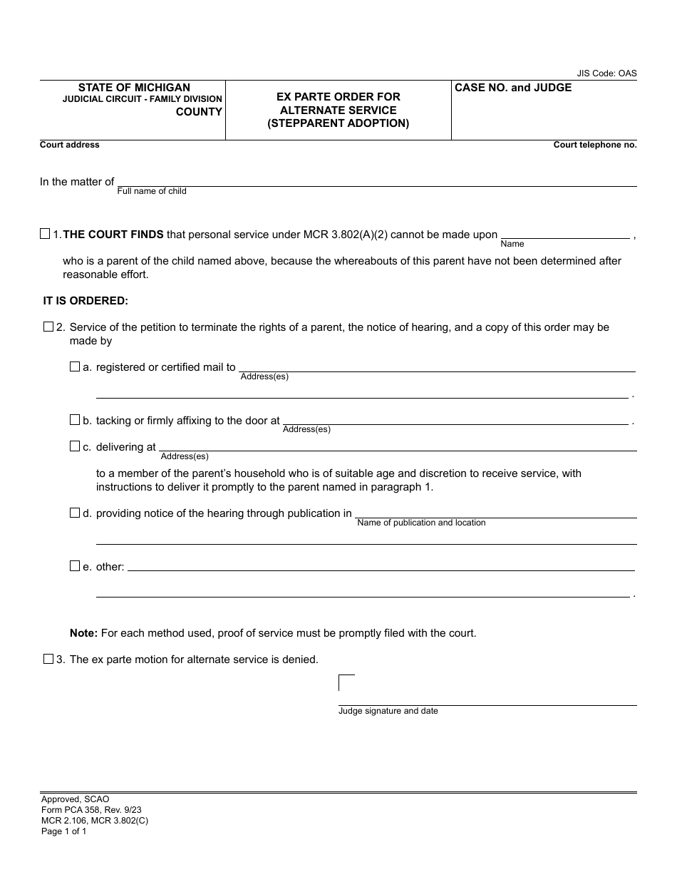 Form PCA358 Ex Parte Order for Alternate Service (Stepparent Adoption) - Michigan, Page 1