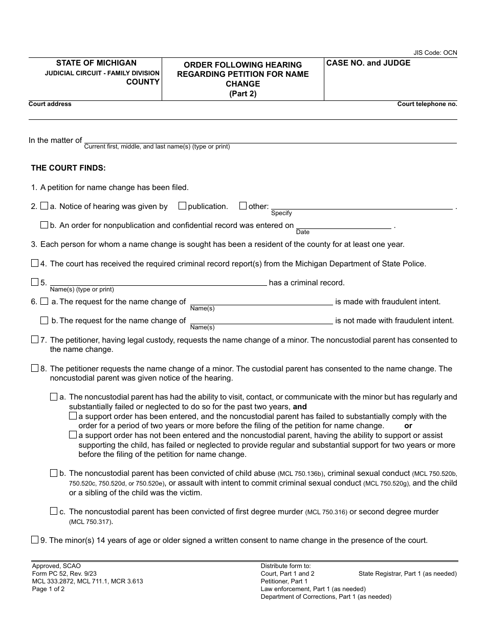 Form PC52 Order Following Hearing Regarding Petition for Name Change - Michigan, Page 3