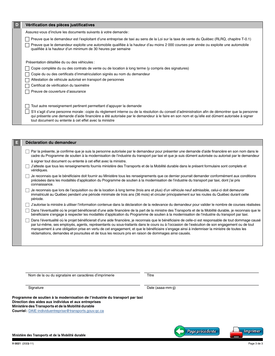 Forme V-3021 Volet 1 Demande Daide Financiere - Lelectrification Du Parc De Vehicules De Taxi - Programme De Soutien a La Modernisation De Lindustrie Du Transport Par Taxi - Quebec, Canada (French), Page 3