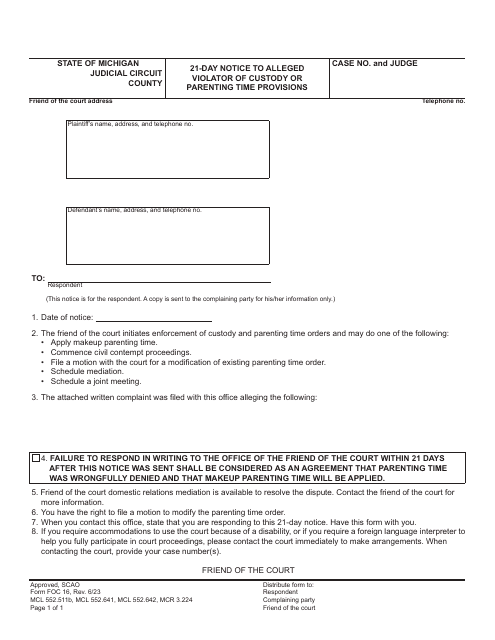 Form FOC16 21-day Notice to Alleged Violator of Custody or Parenting Time Provisions - Michigan