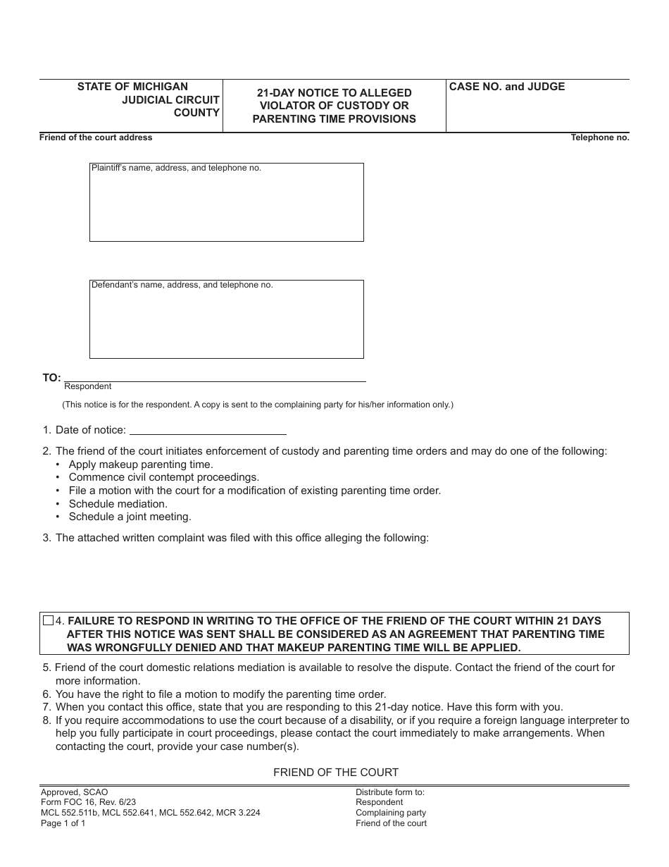 Form FOC16 21-day Notice to Alleged Violator of Custody or Parenting Time Provisions - Michigan, Page 1