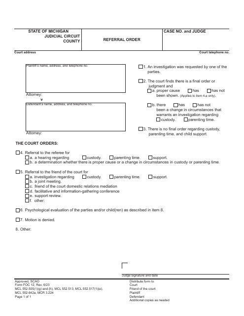 Form FOC12 Referral Order - Michigan