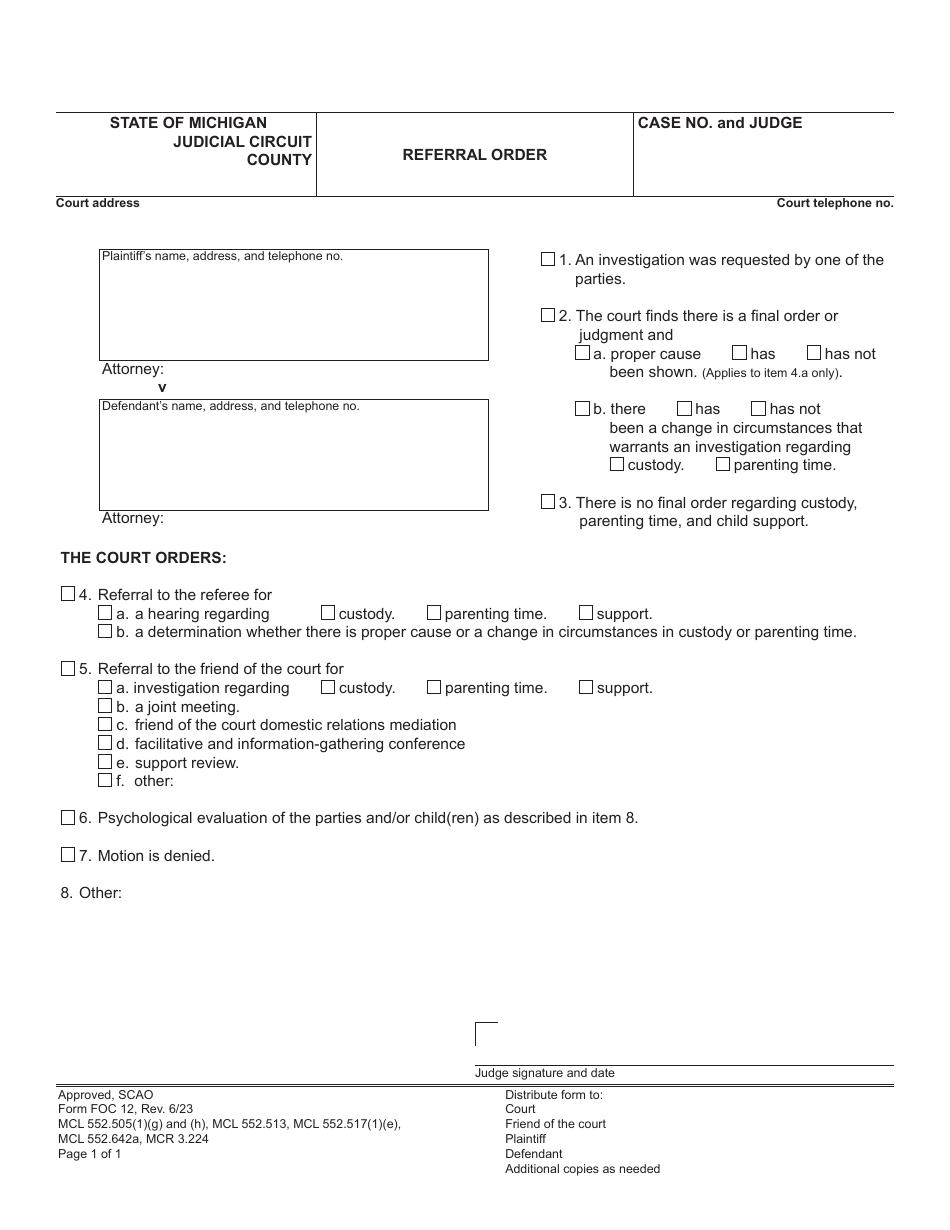Form FOC12 Referral Order - Michigan, Page 1