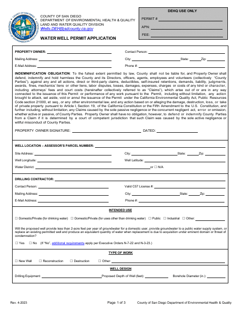 Water Well Permit Application - County of San Diego, California Download Pdf