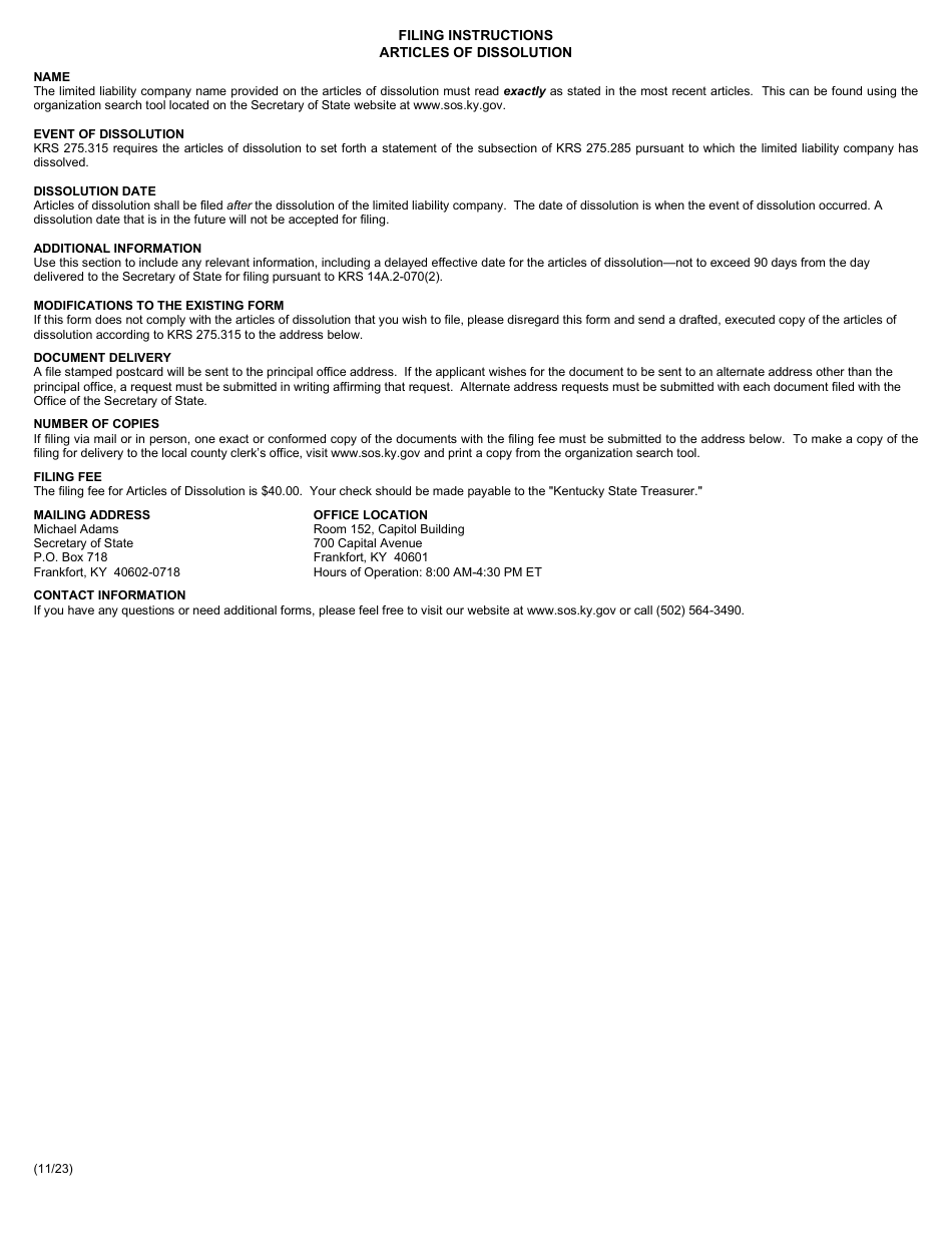 Form LLD Articles of Dissolution - Limited Liability Company - Kentucky, Page 2