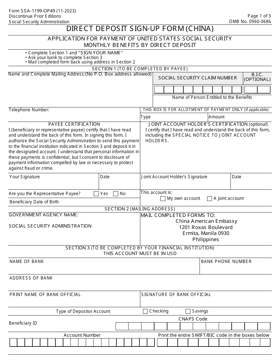 Form SSA-1199-OP49 Direct Deposit Sign-Up Form (China), Page 1