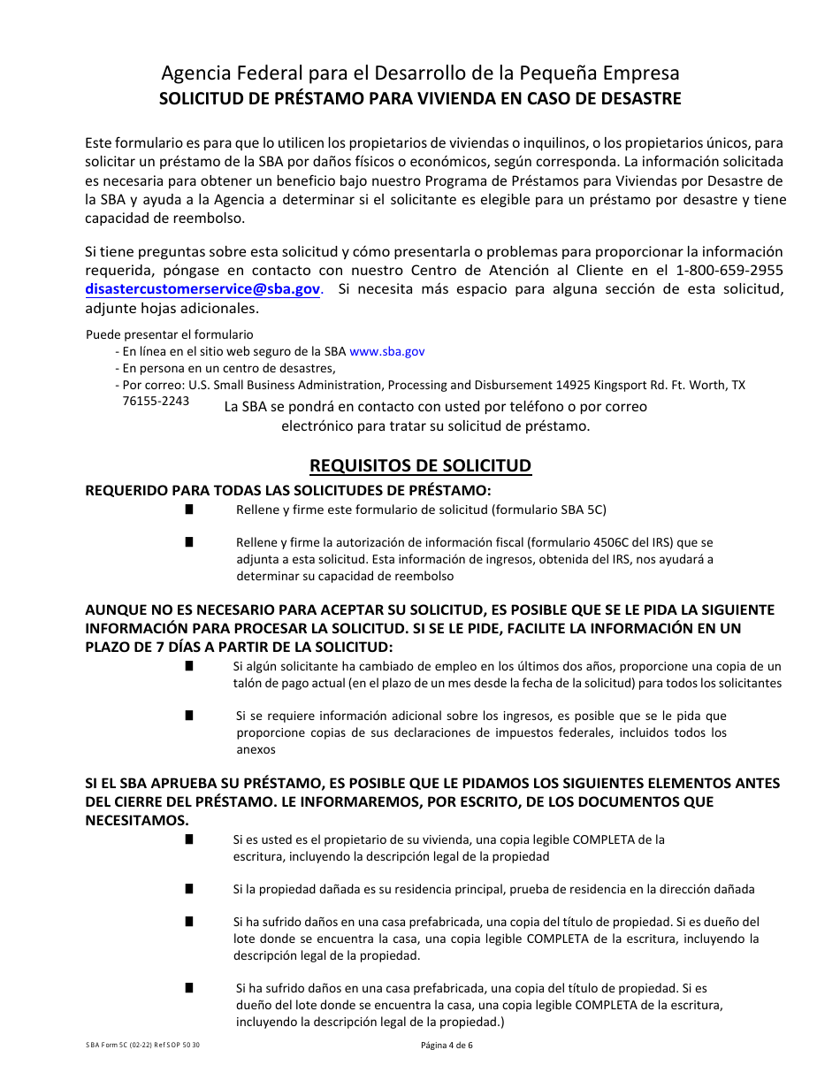 SBA Formulario 5C Solicitud De Prestamo Por Desastre (Spanish), Page 4