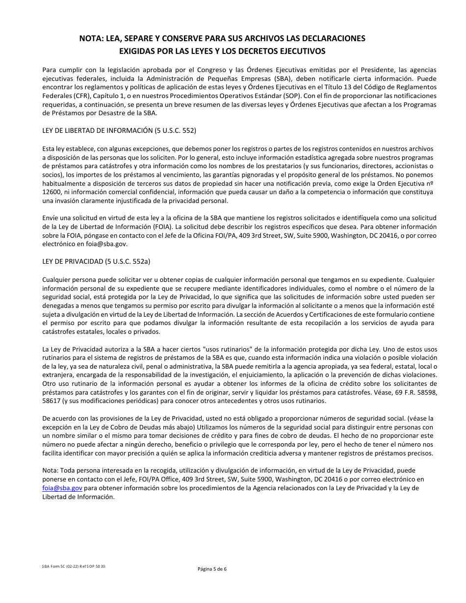 SBA Formulario 5C Solicitud De Prestamo Por Desastre (Spanish), Page 5