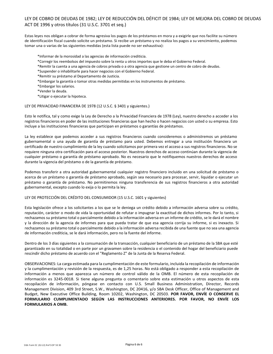 SBA Formulario 5C Solicitud De Prestamo Por Desastre (Spanish), Page 6
