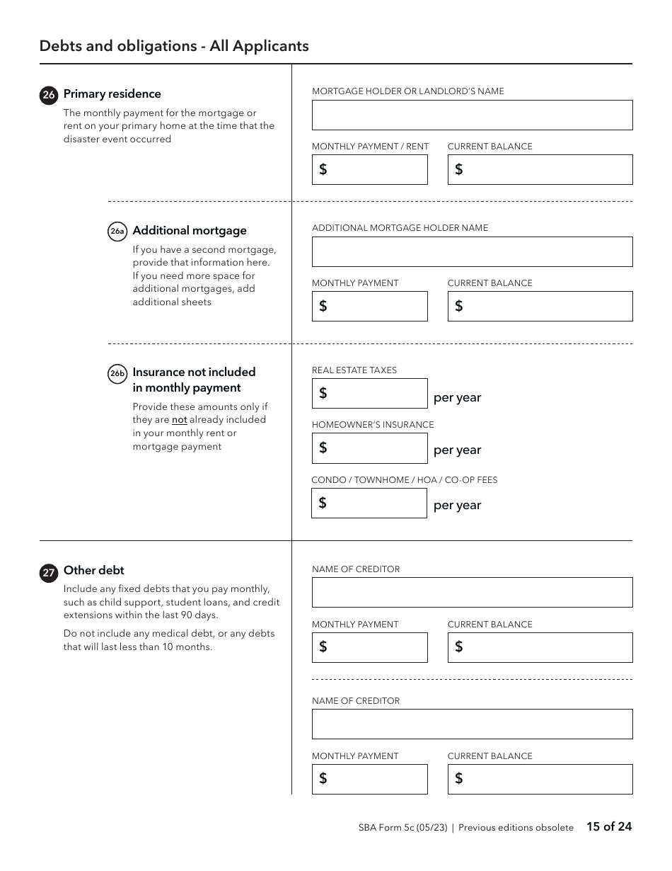 SBA Form 5C Disaster Loan as a Homeowner or Renter Application, Page 15