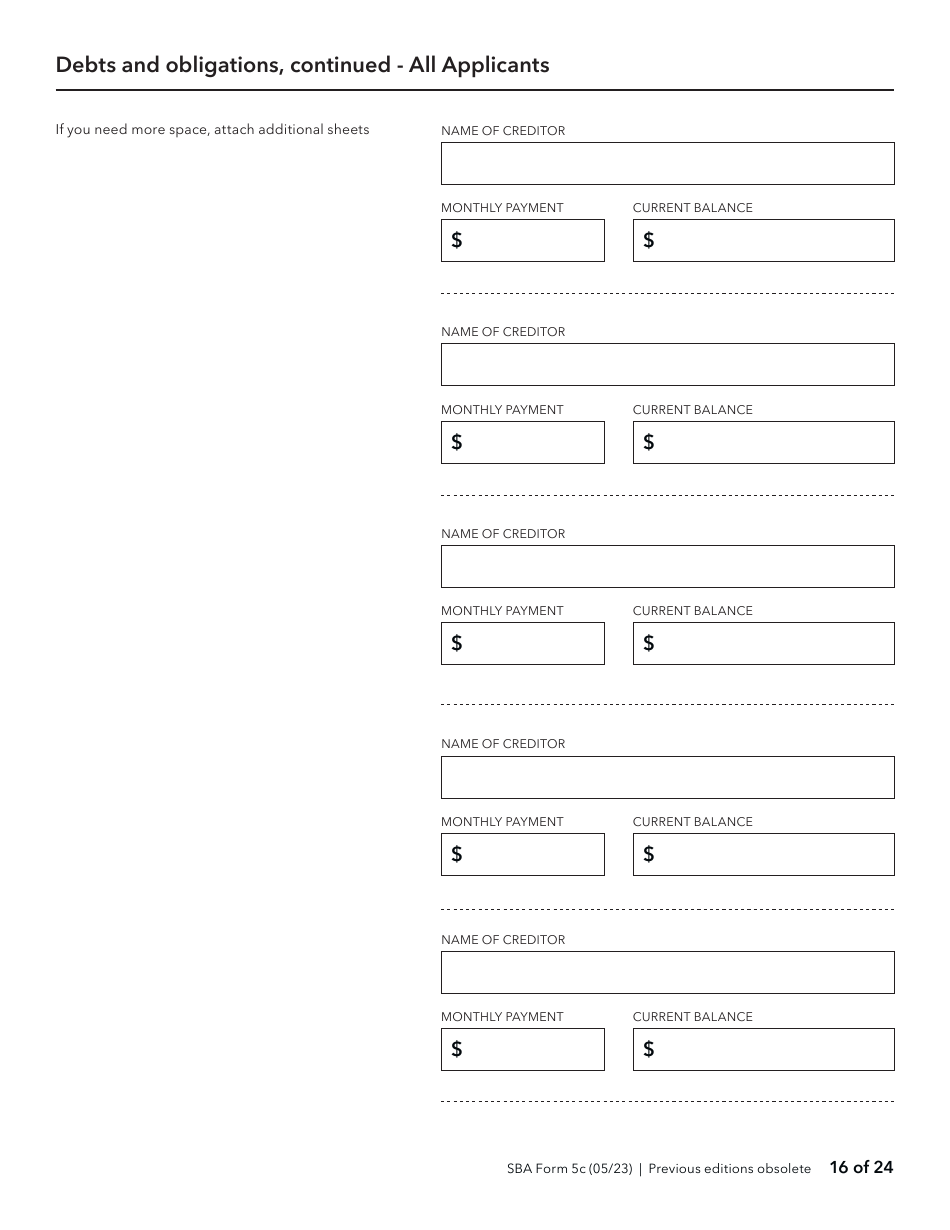 SBA Form 5C Disaster Loan as a Homeowner or Renter Application, Page 16