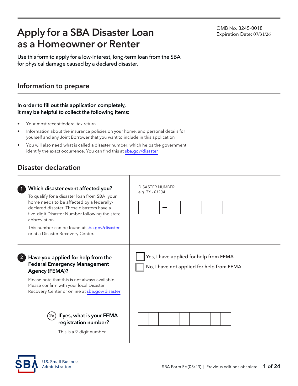 SBA Form 5C Disaster Loan as a Homeowner or Renter Application, Page 1