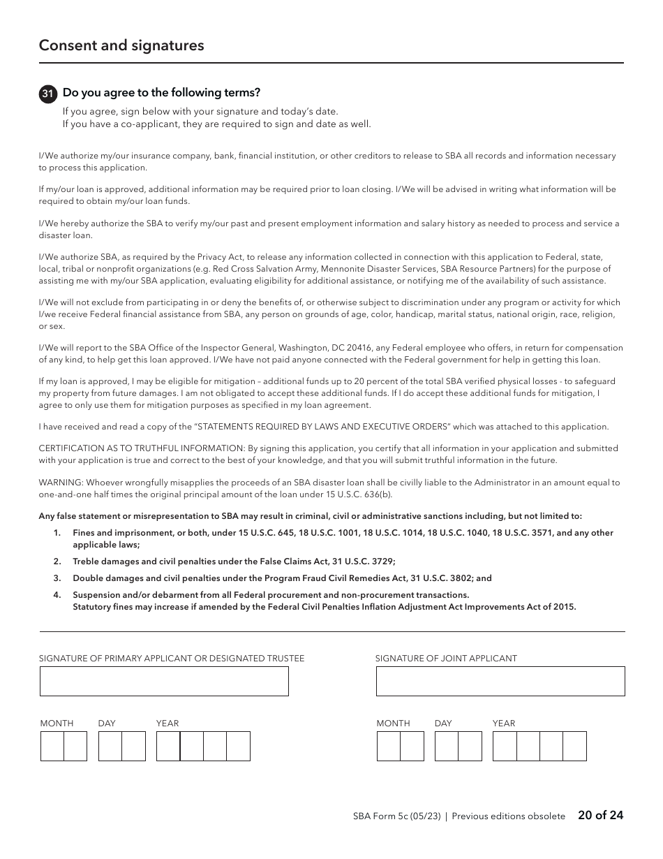 SBA Form 5C Disaster Loan as a Homeowner or Renter Application, Page 20