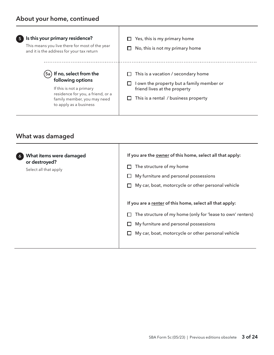 SBA Form 5C Disaster Loan as a Homeowner or Renter Application, Page 3