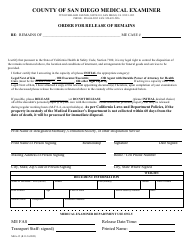 Document preview: Form MEA-15 Order for Release of Remains - County of San Diego, California