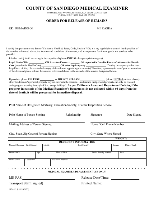 Form MEA-15 Order for Release of Remains - County of San Diego, California