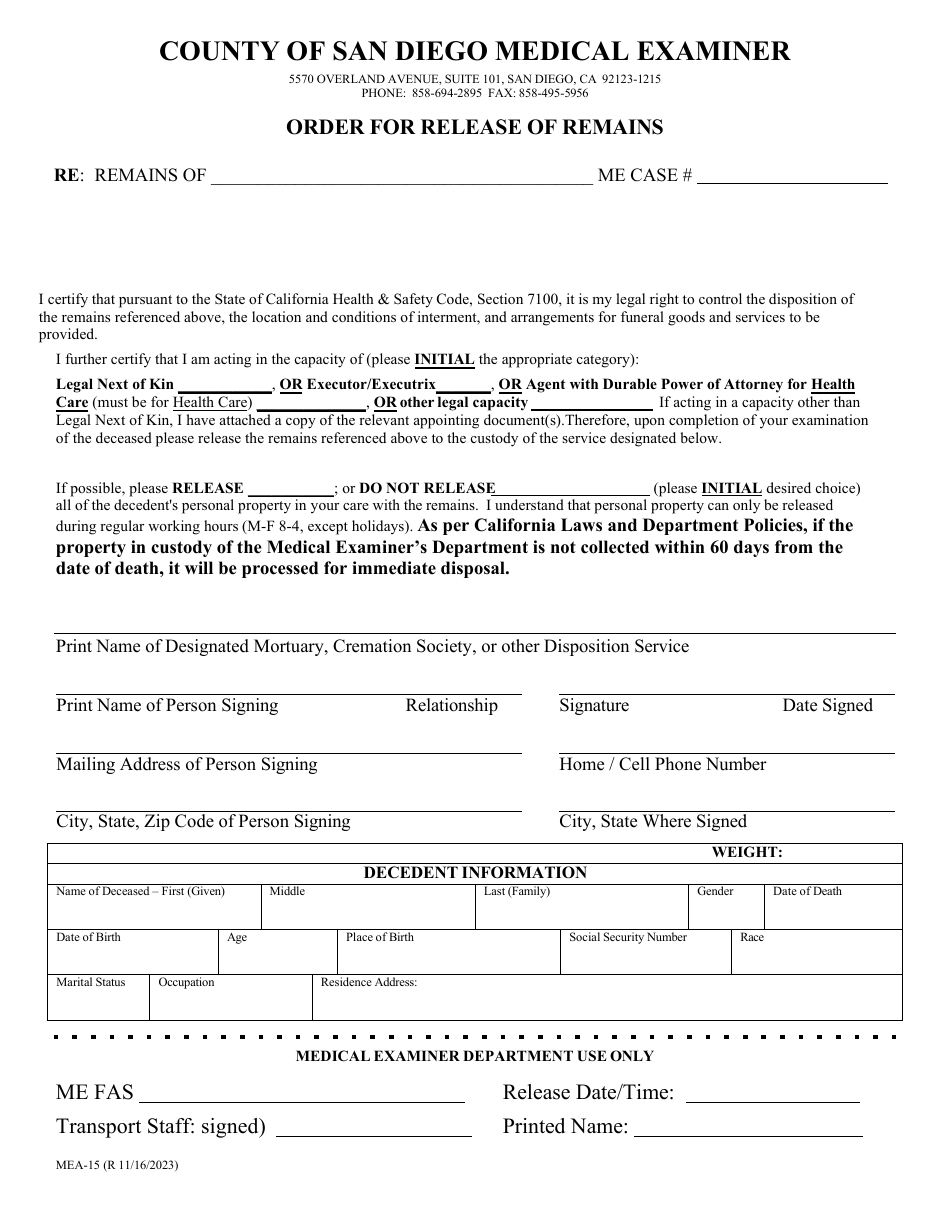 Form MEA-15 Order for Release of Remains - County of San Diego, California, Page 1