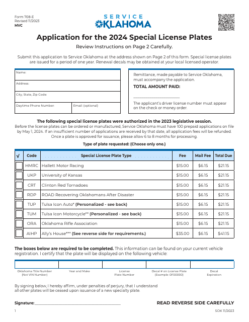 Form 708-E Application for Special License Plates - Oklahoma, 2024