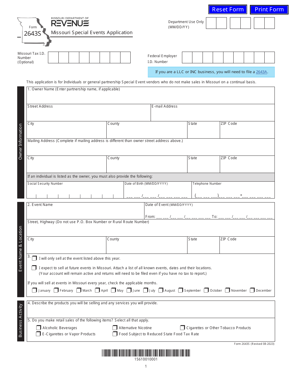 Form 2643S Missouri Special Events Application - Missouri, Page 1