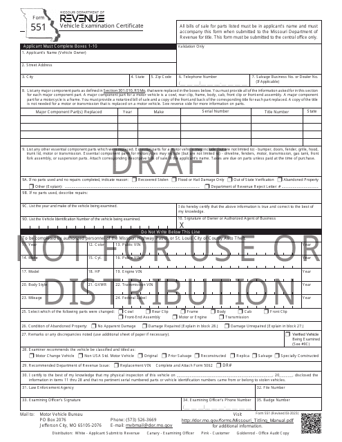 Form 551 Vehicle Examination Certificate - Draft - Missouri