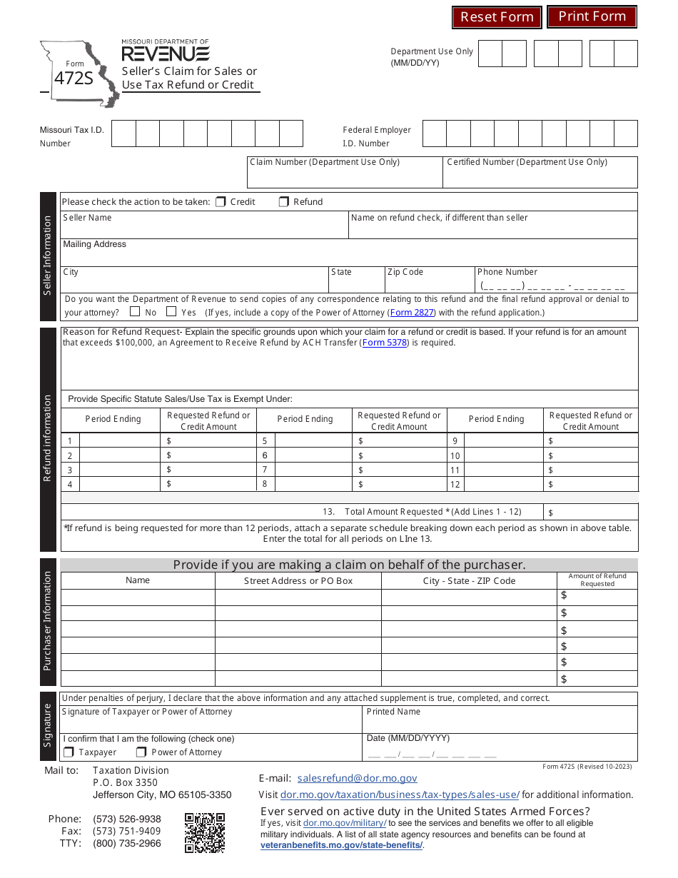 Form 472S Sellers Claim for Sales or Use Tax Refund or Credit - Missouri, Page 2