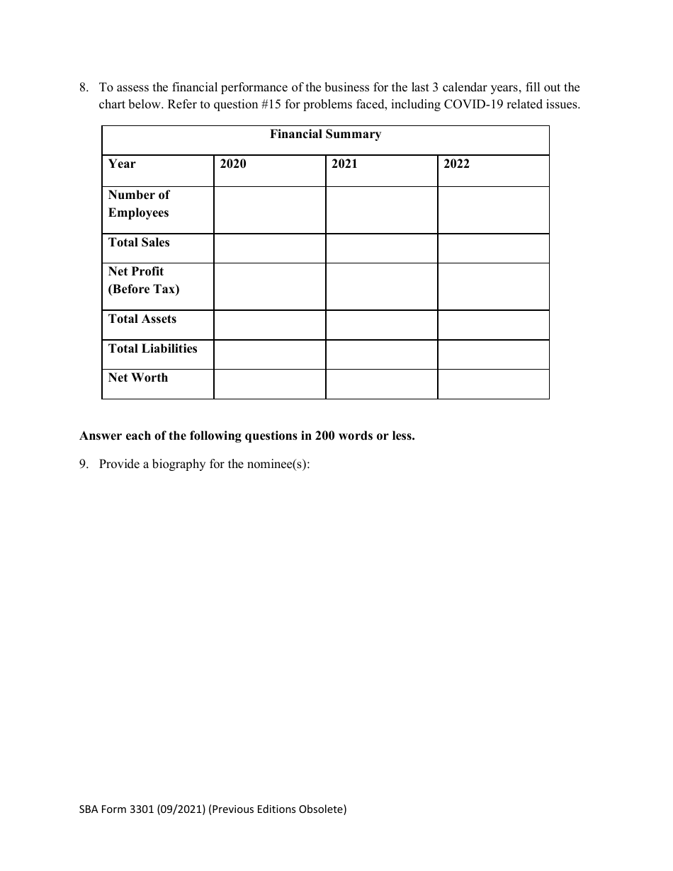 SBA Form 3301 Nomination Form for Small Business Person of the Year - National Small Business Week, Page 3