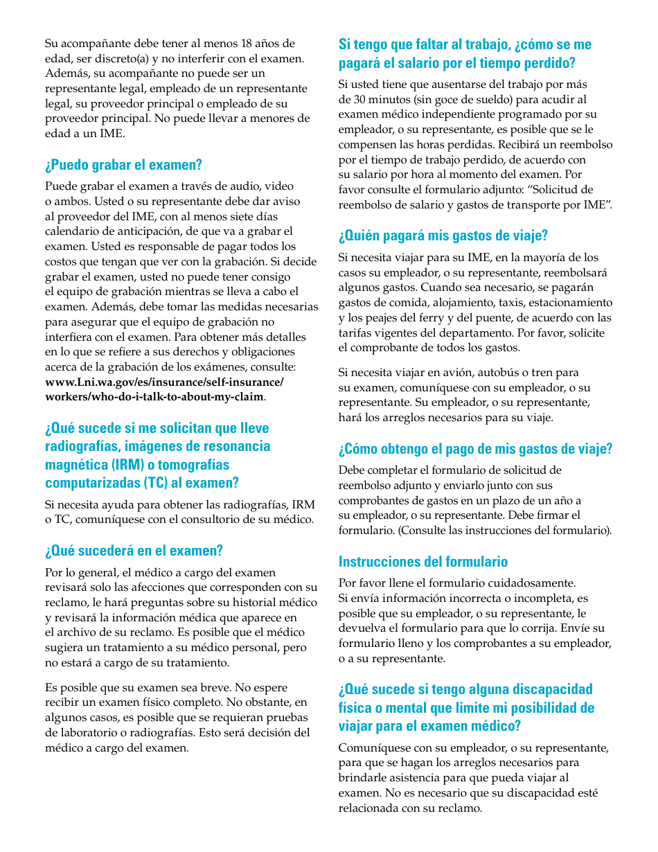 Formulario F207-202-999 Examen Medico Independiente (Ime) Solicitud Para Reembolso De Gastos De Viaje Y Salario - Washington (Spanish), Page 2