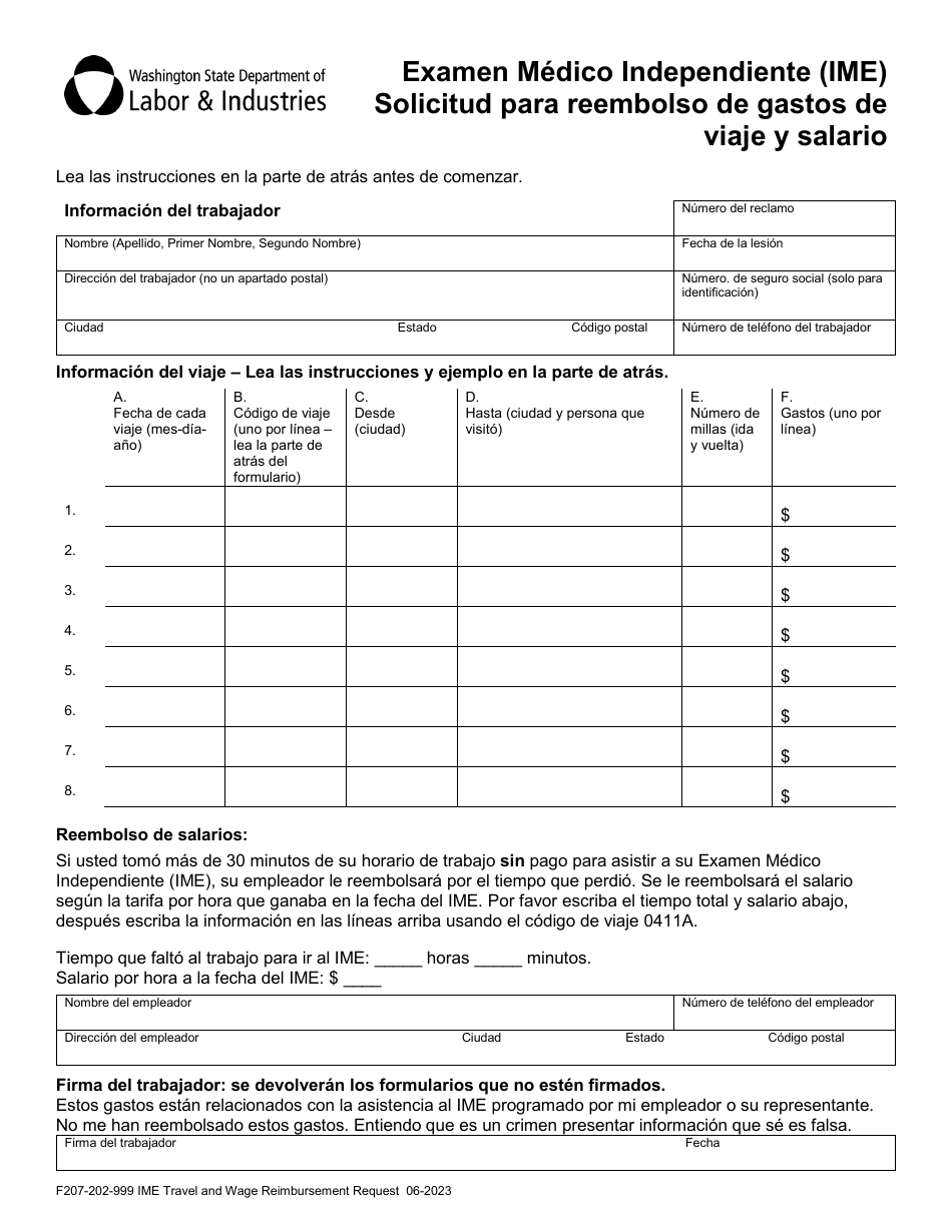 Formulario F207-202-999 Examen Medico Independiente (Ime) Solicitud Para Reembolso De Gastos De Viaje Y Salario - Washington (Spanish), Page 4
